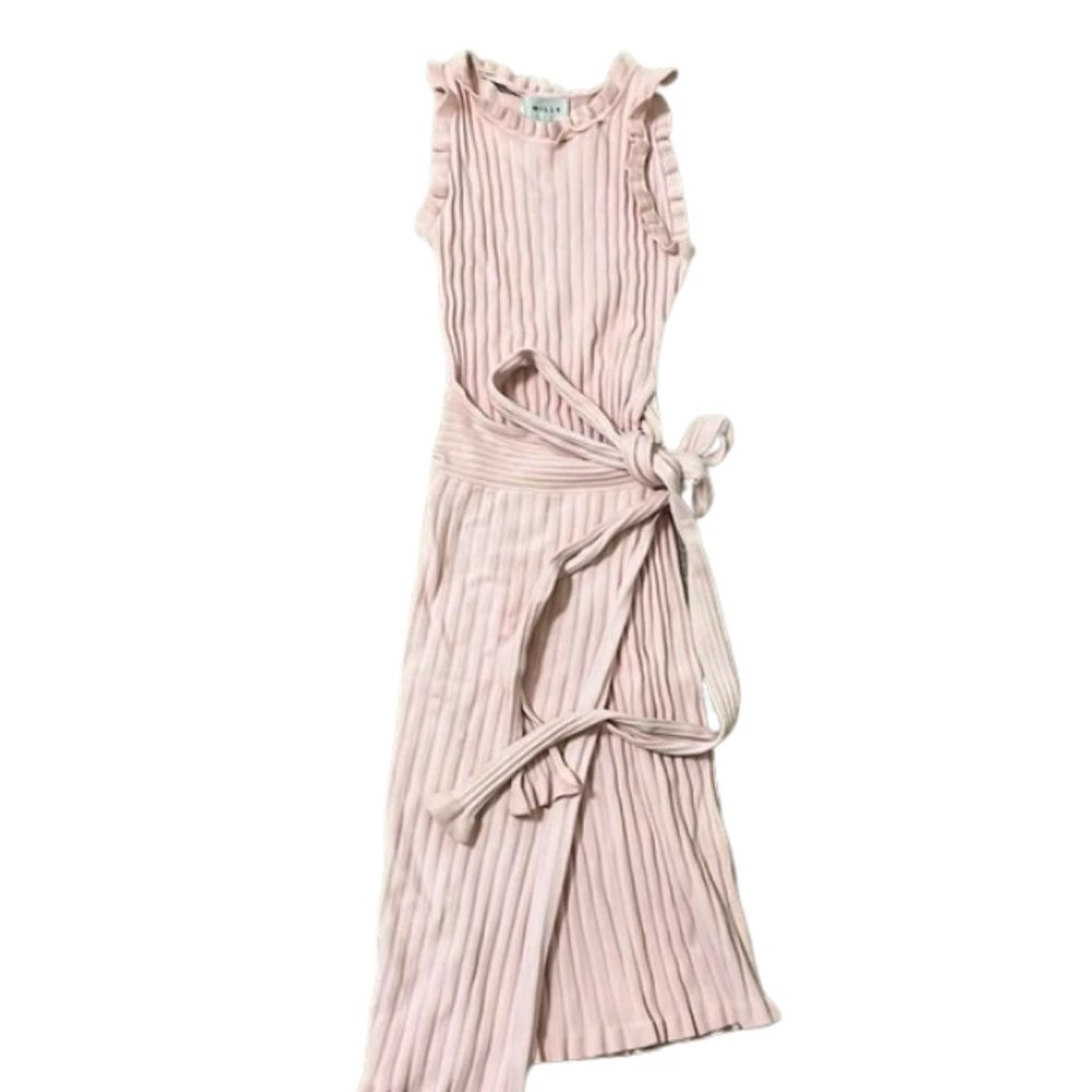 Milly Pink Woven/Knit High-Neck Ruffled Dress